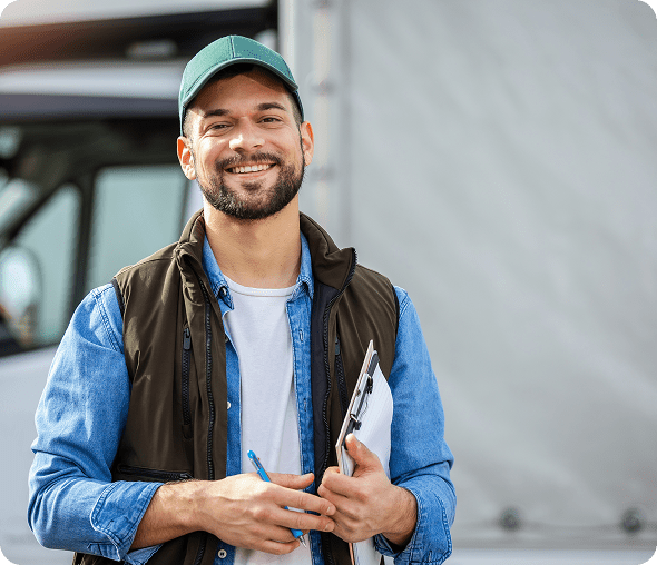 Smiling man in a cap near vehicle